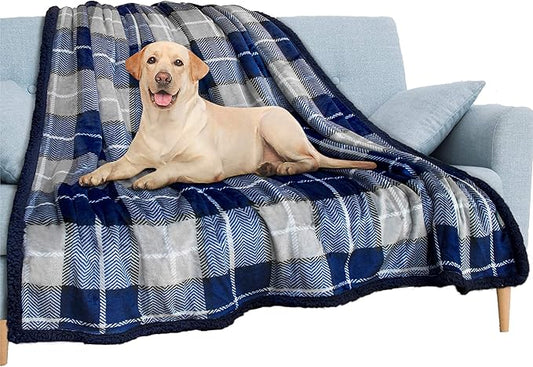 PAVILIA Waterproof Blanket for Couch, Sofa | Pet Protector for Large Dog, Puppy, Cat | Plush Soft Warm Fuzzy Sherpa Throw | Plaid Navy, 60x80