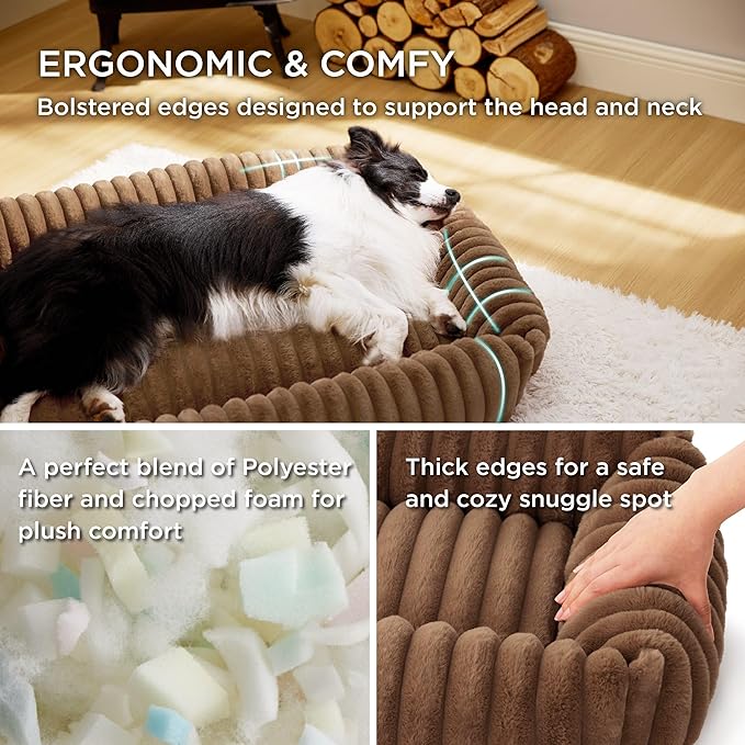 Bedsure Cute Dog Bed for Small Medium Dogs - Washable Furry Puppy Beds, Rectangle Orthopedic Corduroy Fleece Pet Beds with Removable Zipper Cover, 25x21x7inches, Copper Brown