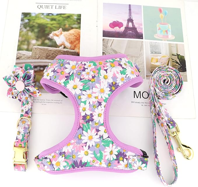 Beirui Cute Girl Dog Collars, Harnesses & Leashes Set - Adjustable Dog Collar and Leash Set with Flower - Soft Mesh Dog Vest Harness for Puppies Small Medium Dogs (Purple,M)