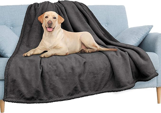PAVILIA Waterproof Blanket for Couch, Sofa | Waterproof Dog Blanket for Large Dog, Puppy, Cat | Pet Blanket Protector | Plush Soft Warm Fuzzy Sherpa Blanket Bed Throw, Dark Grey, 90x90