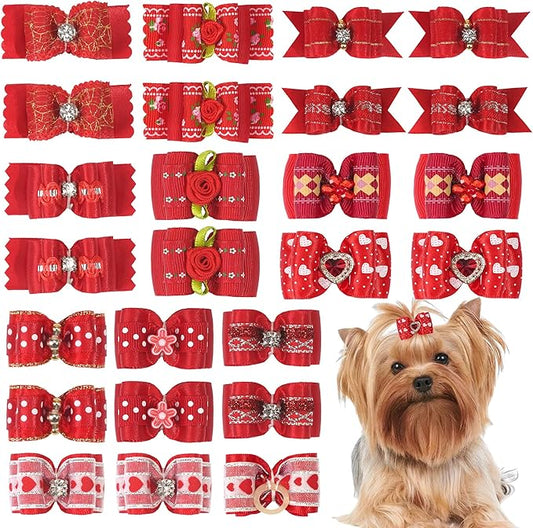 Yxiang 24PCS Dog Hair Bows, Red Cute Dog Hair Bows Yorkie Puppy Bows with Rubber Band Pet Grooming Bows Colored Polka Dot Dog Hair Accessories for Small Dogs