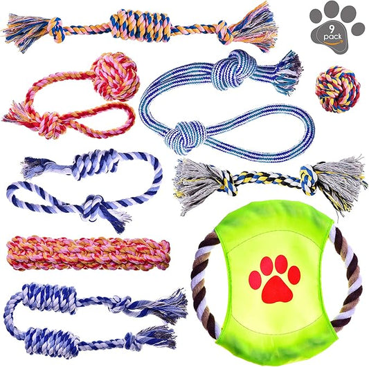 Pets&Goods Heavy Duty Rope Toy for Active Chewers, Washable 100% Cotton Dog Chew Toys - Tug of War, Pack of 9 Puppy Teething Toys (Small Breed, 9, Count)